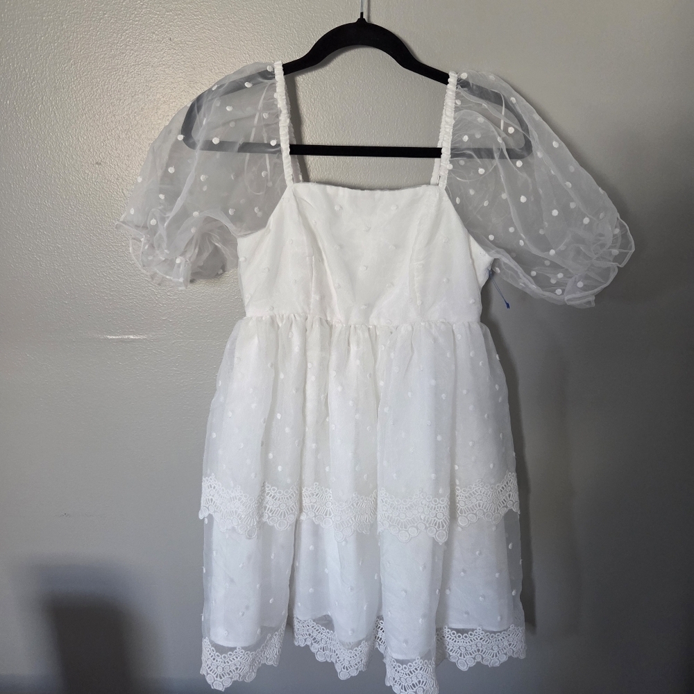English Factory White Swiss Dot Puff-Sleeve Tierd Eyelet Mini Dress. Sz XS LWD - Picture 6 of 11